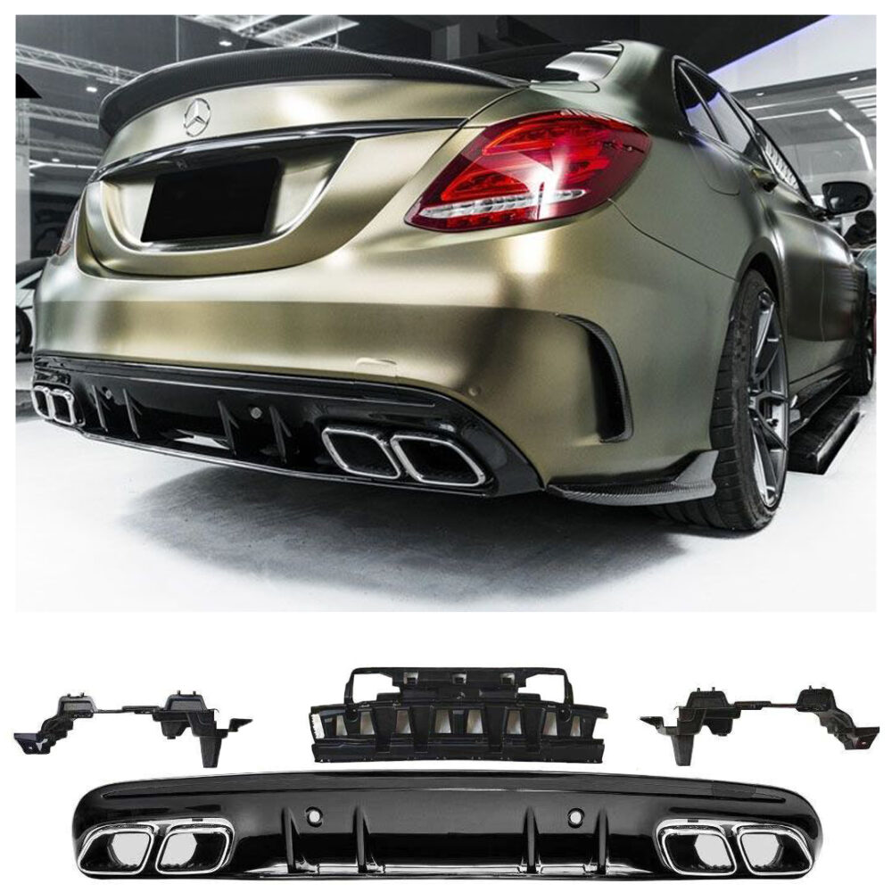 Rear spoiler diffuser + exhaust tips (CHROM) in C63 AMG LOOK for Mercedes W205Rear diffuser + exhaust tips in C63 AMG LOOK for Mercedes W205 S205 Item condition: new and in original packagingThis item is NOT an original Mercedes Benz item